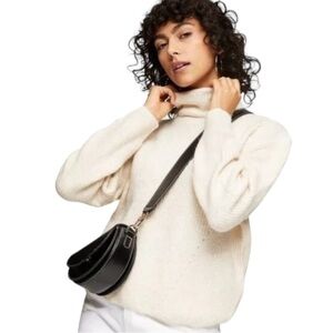 TOPSHOP  Mock Neck Oatmeal Neutral Puff Drop Sleeve Soft Wool Blend Sweater